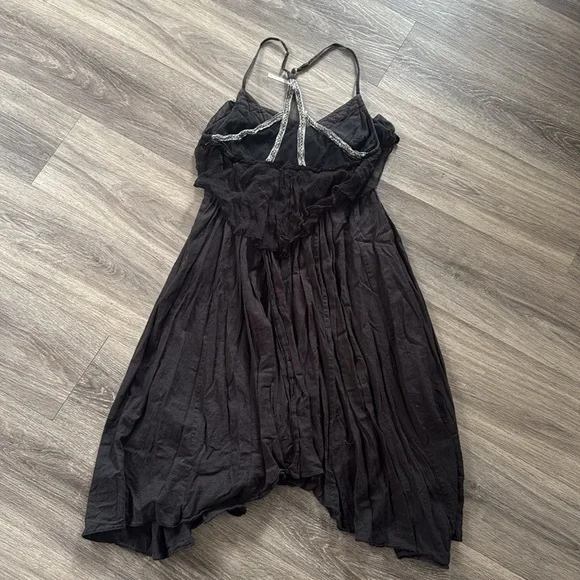 Free People Black and Gold Mini Dress Chiffon Asymmetric Boho Embroidered - Picture 4 of 8